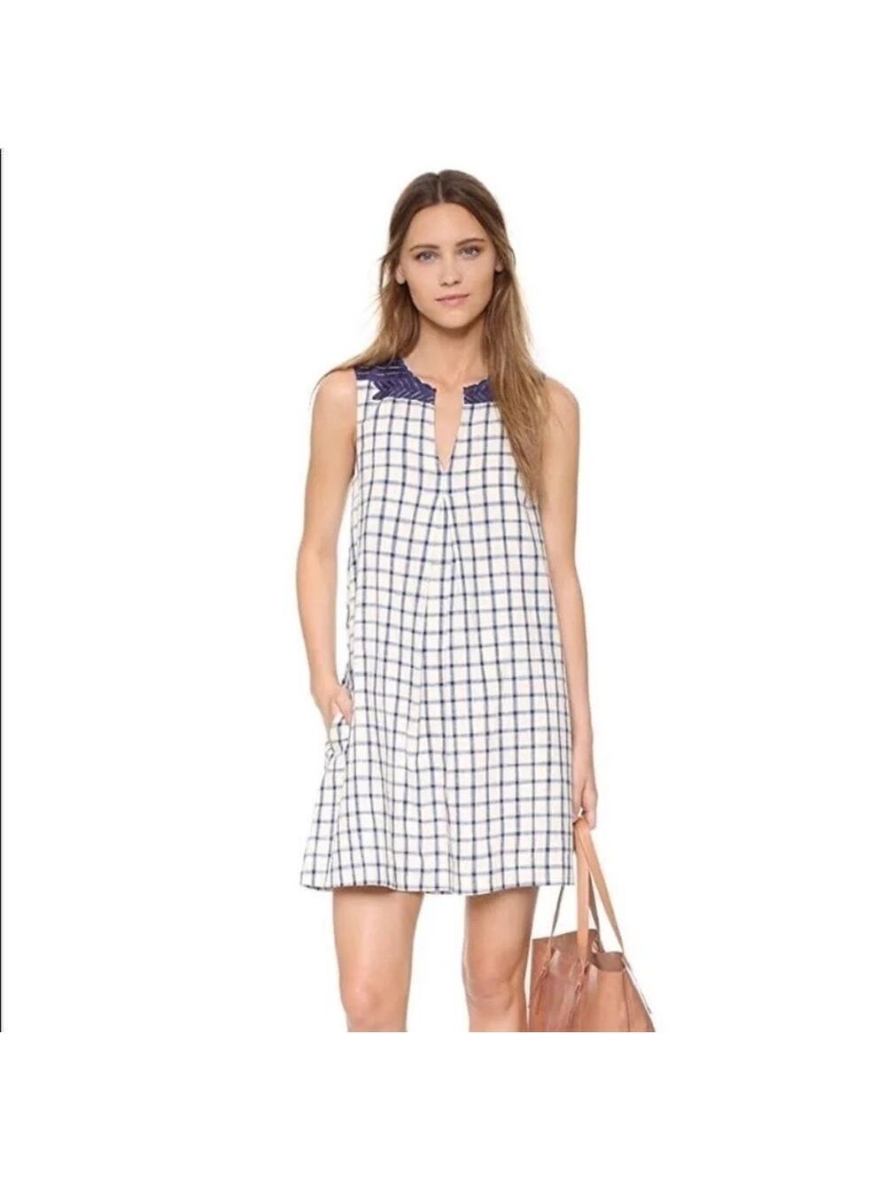 Madewell Women’s Embroidered Sunray Shirtdress Sleeveless Cream & Navy Check XXS - Picture 4 of 15